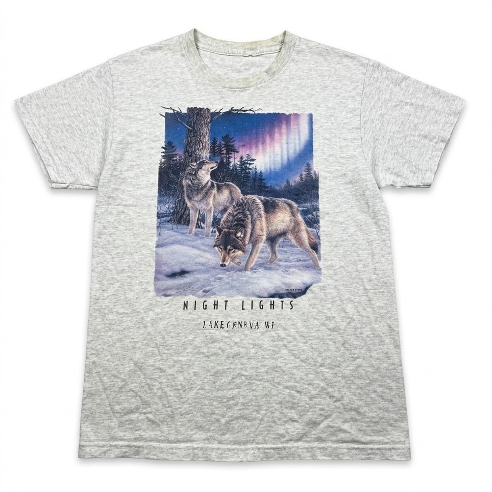 Vintage Wolves T Shirt Mens Medium Gray Night Lights Lake Geneva WI Nature 90s